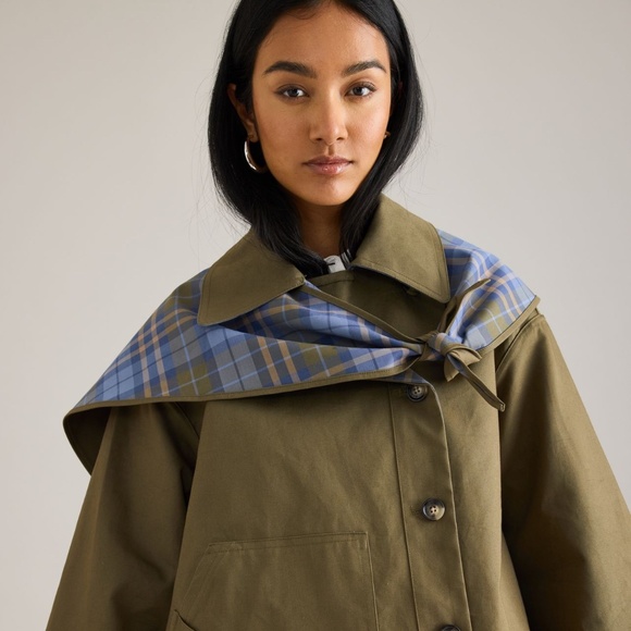Damson Madder Jackets & Blazers - Olive Trench Coat with Blue Plaid Accent